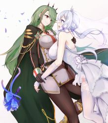 Rule 34 | 2girls, aiguillette, azur lane, black legwear, blue eyes, blush, boots, bouquet, braid, breasts, bridal veil, cape, commentary request, crown braid, dress, earrings, elbow gloves, eye contact, female focus, flower, gloves, green cape, green hair, grin, hair ribbon, headgear, highres, illustrious (azur lane), illustrious (morning star of love and hope) (azur lane), jewelry, knee boots, lace trim, large breasts, littorio (azur lane), looking at another, marshall k, medal, mole, mole under eye, multicolored hair, multiple girls, necktie, open mouth, pantyhose, petals, red eyes, red hair, red neckwear, ribbon, shrug (clothing), sidelocks, sleeve cuffs, smile, strapless, strapless dress, streaked hair, thighhighs, tiara, veil, wedding dress, white background, white dress, white footwear, white hair, white legwear, wife and wife, yuri
