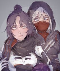 Rule 34 | 2girls, animification, apex legends, arm around shoulder, armor, black bodysuit, black hair, blood, blood on clothes, blue eyes, bodysuit, datsushaba, dual persona, grey background, grey hair, hair bun, unworn headwear, helmet, unworn helmet, highres, holding another&#039;s arm, hood, hood up, hooded bodysuit, knife, looking at another, looking to the side, mask, mouth mask, multiple girls, ninja, nose piercing, official alternate costume, parted bangs, piercing, rift stalker wraith, smile, upper body, voidwalker wraith, wraith (apex legends)