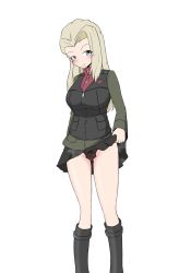 Rule 34 | 1girl, black footwear, black panties, black skirt, black vest, blonde hair, blue eyes, blush, boots, clara (girls und panzer), closed mouth, clothes lift, commentary, girls und panzer, green jacket, guropara, half-closed eyes, highres, jacket, lifting own clothes, long hair, long sleeves, looking at viewer, military, military uniform, miniskirt, panties, pleated skirt, pravda military uniform, red shirt, shirt, simple background, skirt, skirt lift, smile, solo, standing, turtleneck, underwear, uniform, vest, white background, zipper