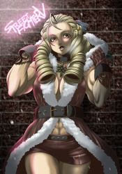 Rule 34 | 1girl, abs, alternate costume, antenna hair, bad id, bad pixiv id, belt, blonde hair, blue bow, blush, bow, breasts, brick wall, choker, christmas, cleavage, copyright name, female focus, fur trim, gloves, hair bow, kanzuki karin, lace, looking at viewer, may0ray0, medium breasts, muscular, muscular female, navel, no bra, ringlets, short shorts, shorts, solo, street fighter, street fighter v, yellow eyes