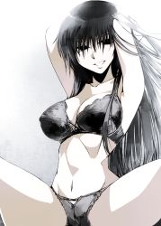 Rule 34 | 1girl, armpits, arms behind head, arms up, black eyes, black hair, bra, breasts, cosaten, hagoromo gitsune, lace, lace-trimmed bra, lace-trimmed panties, lace trim, large breasts, lingerie, long hair, navel, nurarihyon no mago, panties, smile, solo, spread legs, underwear, underwear only