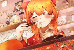 Rule 34 | 1girl, absurdres, blonde hair, bow, braid, chopsticks, closed eyes, commentary, eating, facing viewer, fang, fang out, hair bow, hair ornament, hairclip, highres, holding, holding chopsticks, hololive, indoors, japanese clothes, kimono, low twin braids, low twintails, new year, official alternate hair length, official alternate hairstyle, photo (object), red bow, red kimono, solo, translation request, twin braids, twintails, upper body, virtual youtuber, yozora mel, yozora mel (new year), yukirei, zouni soup