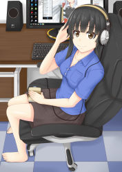 Rule 34 | 10s, 1girl, barefoot, black hair, blue shirt, blunt bangs, book, brown eyes, chair, checkered floor, computer, desk, feet, headphones, highres, indoors, kantai collection, keyboard, legs, long hair, looking at viewer, md5 mismatch, monitor, nono1217, office chair, original, resolution mismatch, sano souichi, shirt, shoukaku (kancolle), sitting, skirt, smile, solo, source larger, speaker, swivel chair