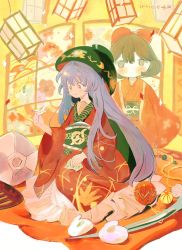 Rule 34 | 1girl, absurdres, alternate hair length, alternate hairstyle, bowl, bowl hat, commentary request, dated, doll, floral print, hat, highres, japanese clothes, kimono, lantern, long hair, long sleeves, nengo, obi, origami, purple hair, red eyes, sash, sitting, smile, solo, sukuna shinmyoumaru, touhou, twitter username, very long hair, wide sleeves