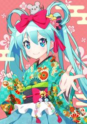 Rule 34 | 1girl, animal, animal on head, aqua eyes, aqua hair, asa no ha (pattern), bell, bow, commentary, egasumi, floral print, foreshortening, fuusen neko, hair between eyes, hair bow, hair ornament, hair rings, hatsune miku, highres, japanese clothes, jingle bell, kanzashi, kikkoumon, kikumon, kimono, kimono skirt, long hair, looking at viewer, mouse (animal), nengajou, new year, obiage, obijime, on head, outstretched arm, outstretched hand, pale skin, pink background, seigaiha, smile, solo, tassel, twintails, unmoving pattern, upper body, very long hair, vocaloid, wide sleeves