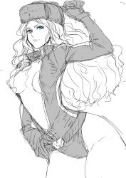 Rule 34 | 1girl, alternate costume, belt, blue eyes, breasts, cleavage, fur hat, gloves, hat, highres, kolin, large breasts, leotard, lips, long hair, long sleeves, monochrome, no bra, simple background, sketch, skin tight, smile, solo, street fighter, street fighter v, sus304308, thick thighs, thighs, unzipped, ushanka, wavy hair, white background