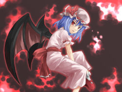 Rule 34 | 1girl, bat wings, blue hair, bow, dress, female focus, frilled sleeves, frills, hat, hat ribbon, large bow, looking at viewer, mary janes, mob cap, open mouth, pink dress, puffy sleeves, red eyes, red footwear, remilia scarlet, ribbon, shoes, socks, solo, touhou, vampire, wings, yuuta (tokoton hirune hiyori)
