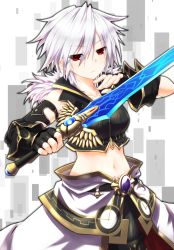 Rule 34 | 10s, 1girl, black gloves, blush, breasts, collarbone, crop top, detached sleeves, fighting stance, fingerless gloves, gloves, holding, holding sword, holding weapon, mizunashi (second run), navel, neptune (series), red eyes, s-sha, shin jigen game neptune vii, short hair, simple background, skirt, solo, sword, weapon, white hair