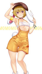 Rule 34 | 1girl, :i, adapted costume, animal ears, armpits, breasts, dango, feet out of frame, food, hat, hataraki kuma, highres, holding, looking at viewer, mg mg, one eye closed, rabbit ears, rabbit tail, ringo (touhou), short hair, shorts, simple background, small breasts, solo, suspenders, tail, touhou, underboob, wagashi, white background