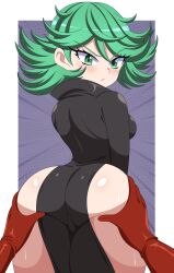 Rule 34 | 1boy, 1girl, absurdres, abysswatchers, ass, ass focus, ass grab, black dress, blush, border, closed mouth, curly hair, dress, from behind, gloves, green eyes, green hair, highres, long sleeves, looking at viewer, looking back, matching hair/eyes, motion lines, one-punch man, polka dot, polka dot background, pov, purple background, red gloves, saitama (one-punch man), short hair, tatsumaki, white border