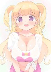 Rule 34 | 1girl, blonde hair, blouse, blush, breasts, breasts squeezed together, cleavage, highres, hyakumangoku masurao, large breasts, long hair, looking at viewer, navel, open mouth, pretty series, pripara, purple eyes, shirt, smile, solo, split mouth, star (symbol), star in eye, symbol in eye, tied shirt, two side up, white shirt, yumekawa yui
