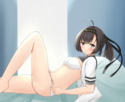 Rule 34 | 1girl, ahoge, akizuki (kancolle), black hair, blue eyes, blush, bra, breasts, commentary request, hachimaki, headband, highres, kantai collection, looking at viewer, looking to the side, lying, medium breasts, navel, on back, on bed, open clothes, open shirt, panties, ponytail, solo, toyomi 13, underwear, undressing, wavy mouth, white bra, white panties