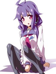 Rule 34 | 10s, 1girl, ahoge, clothes pull, dress, dress pull, kantai collection, long hair, magatama, miuku (marine sapphire), pantyhose, purple hair, red eyes, sailor collar, simple background, solo, taigei (kancolle), twintails