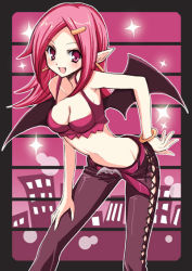 Rule 34 | 1girl, bat wings, bikini, breasts, cleavage, clothing cutout, cross-laced clothes, cross-laced cutout, demon girl, hair ornament, hairclip, hand on own knee, leaning forward, looking at viewer, nadja (shake2), pants, pink eyes, pink hair, pointy ears, shake2, solo, swimsuit, tight clothes, tight pants, wings, yukiwo