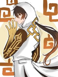 Rule 34 | 1boy, arm tattoo, black hair, brown hair, cloak, closed mouth, from side, genshin impact, hair between eyes, highres, hood, hood up, hooded cloak, jewelry, long hair, looking at viewer, male focus, multicolored hair, ponytail, simple background, sketch, sleeveless, solo, starmiu, tattoo, yellow eyes, zhongli (archon) (genshin impact), zhongli (genshin impact)