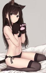 Rule 34 | 1girl, akipeko, animal ear fluff, animal ears, animal hands, bare arms, bare shoulders, bed sheet, black bra, black panties, bra, breasts, brown eyes, brown hair, brown thighhighs, cat ears, cat girl, cat tail, closed mouth, commentary request, extra ears, gloves, grey background, highres, long hair, looking at viewer, navel, on bed, original, panties, paw gloves, side-tie panties, simple background, sitting, small breasts, solo, stomach, tail, thighhighs, underwear, underwear only, wariza
