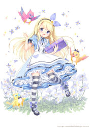 Rule 34 | 1girl, :d, absurdres, animal, apron, bird, black bow, black bowtie, black footwear, black hairband, blonde hair, blue dress, blue eyes, blue flower, blush, book, bow, bowtie, character request, commentary request, dress, flower, flower knight girl, frilled apron, frills, full body, hairband, hand up, highres, holding, holding book, kimishima ao, long hair, open mouth, petticoat, polka dot, puffy short sleeves, puffy sleeves, shoe flower, shoes, short sleeves, smile, solo, sparkle, standing, standing on one leg, strappy heels, striped clothes, striped thighhighs, thighhighs, very long hair, watermark, white apron, white background