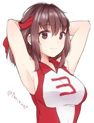 Rule 34 | 10s, 1girl, armpits, arms behind head, arms up, breasts, brown eyes, brown hair, closed mouth, commentary, girls und panzer, headband, kondou taeko, looking at viewer, medium breasts, one-hour drawing challenge, red headband, red shirt, shirt, short hair, simple background, sleeveless, sleeveless shirt, smile, solo, sportswear, standing, tam a mat, twitter username, upper body, volleyball uniform, white background