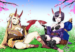 Rule 34 | 2girls, absurdres, alcohol, arm tattoo, armor, bare shoulders, barefoot, black hair, black panties, blonde hair, bob cut, breasts, cherry blossoms, choker, cleavage, closed eyes, commentary, cup, day, earrings, facial mark, fate/grand order, fate (series), forehead mark, gourd, greaves, grin, highres, horns, ibaraki douji (fate), japanese clothes, jewelry, kimono, leg tattoo, long hair, looking at viewer, minew, multiple girls, neck tattoo, obi, off shoulder, oni, open clothes, open kimono, panties, pantyshot, purple eyes, purple hair, purple kimono, revealing clothes, sakazuki, sake, sash, sharp teeth, sharp toenails, short eyebrows, short hair, shoulder tattoo, shuten douji (fate), sitting, skin-covered horns, small breasts, smile, tattoo, teeth, toenails, toes, underwear, white panties, yellow kimono, yokozuwari