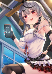 Rule 34 | 1girl, :d, absurdres, armpit crease, black hair, braid, breasts, camisole, cellphone, collar, earrings, fingerless gloves, from below, gloves, grey hair, hair ornament, hairclip, highres, hololive, jewelry, large breasts, long hair, looking at viewer, mary is mine, miniskirt, multicolored hair, multiple earrings, nail polish, open mouth, phone, plaid, plaid skirt, red eyes, red nails, sakamata chloe, sakamata chloe (1st costume), side braid, skirt, smartphone, smile, solo, strap slip, streaked hair, thighhighs, torn clothes, torn thighhighs, virtual youtuber, white camisole, x hair ornament, zettai ryouiki