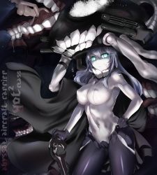 Rule 34 | 10s, 1girl, abyssal ship, aegis (nerocc), aqua eyes, bodysuit, cape, hair between eyes, kantai collection, silver hair, staff, wo-class aircraft carrier