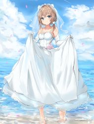 Rule 34 | 1girl, absurdres, bare shoulders, barefoot, beach, blue eyes, blue sky, blush, breasts, closed mouth, cloud, collarbone, day, dress, elbow gloves, full body, gloves, hair ornament, highres, liver city, looking at viewer, low twintails, mashiro kuma, medium breasts, na kyo, ocean, outdoors, petals, skirt hold, sky, smile, solo, standing, strapless, twintails, veil, virtual youtuber, water, wedding dress, white dress