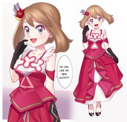 Rule 34 | 1girl, :d, black footwear, black gloves, breasts, brown hair, collarbone, commentary request, creatures (company), dress, english text, eyelashes, flower, game freak, gazing eye, gloves, grey eyes, hair flower, hair ornament, hand up, highres, looking at viewer, may (anniversary 2022) (pokemon), may (pokemon), medium hair, multiple views, nintendo, official alternate costume, open mouth, pokemon, pokemon masters ex, red dress, red flower, shoes, smile, speech bubble, tongue