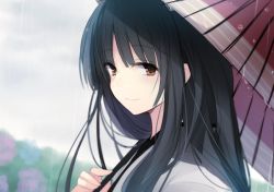 Rule 34 | 10s, 1girl, black hair, blush, brown eyes, close-up, cloud, cloudy sky, day, flower, gradient background, hiiragi souren, hime cut, hydrangea, kantai collection, long hair, looking at viewer, md5 mismatch, oil-paper umbrella, parasol, rain, resized, resolution mismatch, shouhou (kancolle), sky, smile, solo, source larger, umbrella