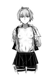 Rule 34 | 10s, 1girl, bike shorts, bike shorts under skirt, breasts, collarbone, cowboy shot, cropped legs, didloaded, gloves, greyscale, hair ornament, kantai collection, looking at viewer, monochrome, navel, nipples, open clothes, pleated skirt, ponytail, scar, shiranui (kancolle), short hair, shorts, shorts under skirt, simple background, skirt, small breasts, solo, undressing, white background