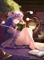 Rule 34 | 1girl, barefoot, bed, bed sheet, bedroom, blunt bangs, book, bow, crescent, crescent hair ornament, crossed legs, cup, desk lamp, expressionless, eyebrows, falken (yutozin), full body, glowing, hair bow, hair ornament, hat, highres, holding, holding book, indoors, knees up, lamp, looking at viewer, on bed, open book, panties, pantyshot, patchouli knowledge, purple hair, reading, red bow, shelf, sidelocks, sitting, thighs, touhou, underwear, white panties