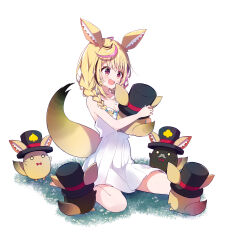Rule 34 | 1girl, absurdres, ahoge, alternate costume, animal, animal ear fluff, animal ears, animal hug, bare shoulders, barefoot, black hair, blonde hair, blue nails, blush, braid, breasts, commentary request, dress, epilogue in the attic (hololive), fox ears, fox girl, fox tail, full body, hair over shoulder, heart, heart-shaped pupils, highres, hololive, ichijo rei, looking at animal, medium breasts, medium hair, multicolored hair, nail polish, official art, omaru polka, open mouth, pink hair, side braid, sidelocks, simple background, sitting, sleeveless, sleeveless dress, smile, solo, spaghetti strap, streaked hair, symbol-shaped pupils, tachi-e, tail, virtual youtuber, wariza, white background, white dress, zain (omaru polka)