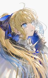 Rule 34 | 1girl, ahoge, armor, armored dress, black fur, blonde hair, blue bow, blue eyes, blue ribbon, bow, cape, fate/grand order, fate (series), fur trim, hair between eyes, hair bow, highres, long hair, looking up, nipi27, open mouth, ribbon, aesc (fate), white background, white cape