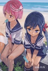 Rule 34 | 10s, 2girls, akebono (kancolle), beach, blue eyes, blue hair, blue legwear, breasts, cleavage, dated, downblouse, food, hair ornament, i-58 (kancolle), kantai collection, kneehighs, long hair, mouth hold, multiple girls, pink eyes, pink hair, pleated skirt, popsicle, school swimsuit, school uniform, serafuku, short hair, side ponytail, sitting, skirt, small breasts, socks, swimsuit, swimsuit under clothes, toro (konirio), very long hair