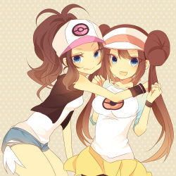 Rule 34 | 10s, 2girls, arm on another&#039;s shoulder, bad id, bad pixiv id, baseball cap, blue eyes, blush, breasts, brown hair, creatures (company), denim, denim shorts, double bun, game freak, hair bun, hat, high ponytail, hilda (pokemon), impossible clothes, impossible shirt, large breasts, long hair, looking at viewer, mmco, multiple girls, nintendo, open mouth, pantyhose, pokemon, pokemon bw, pokemon bw2, polka dot, polka dot background, raglan sleeves, rosa (pokemon), shirt, short shorts, shorts, sleeveless, sleeveless shirt, smile, twintails, vest, visor, visor cap, wristband, yuri