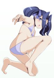 Rule 34 | 1girl, arm up, armpits, ass, barefoot, bikini, blue bikini, blush, butt crack, feet, female focus, flat chest, from behind, full body, hair intakes, highres, knee up, legs, long hair, looking back, melty q melromarc, nekokyun, on one knee, open mouth, purple eyes, purple hair, ribbon, simple background, soles, solo, swimsuit, tate no yuusha no nariagari, thighs, toes, twintails, white background