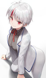 Rule 34 | 1girl, absurdres, arm support, blurry, blurry background, blush, breasts, closed mouth, collared shirt, cowboy shot, formal, from above, grey shirt, han&#039;you no yashahime, highres, higurashi towa, inuyasha, knee up, leg up, looking at viewer, multicolored hair, neck ribbon, pigone, red eyes, red ribbon, ribbon, shirt, short hair, silver hair, smile, solo, standing, streaked hair, suit, white background, white suit