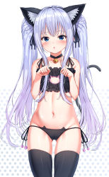 Rule 34 | 1girl, :o, absurdres, animal ear fluff, animal ears, bare arms, bare shoulders, bell, black choker, black ribbon, black thighhighs, blue eyes, blush, cat cutout, cat ears, cat girl, cat lingerie, cat tail, choker, cleavage cutout, clothing cutout, collarbone, cowboy shot, extra ears, flat chest, gluteal fold, groin, hair ribbon, hands up, highres, jingle bell, long hair, looking at viewer, meme attire, navel, original, panties, parted lips, paw pose, polka dot, polka dot background, ribbon, side-tie panties, sidelocks, silver hair, skindentation, solo, standing, tail, thighhighs, twintails, underwear, very long hair, white background, xue lu