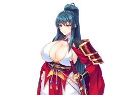 Rule 34 | 1girl, blush, breasts, cleavage, cleavage cutout, closed mouth, clothing cutout, collarbone, cowboy shot, detached collar, female focus, fingernails, game cg, gauntlets, green hair, hair between eyes, hands on own hips, high ponytail, huge breasts, ishii akira, japanese clothes, large breasts, legs, light blush, light smile, long hair, looking at viewer, mametsu no kenki itsuki no sei jijou, miel (company), obi, ponytail, sash, sidelocks, smile, solo, standing, sword, thighs, transparent background, upper body, weapon, wide sleeves, yellow eyes