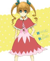 Rule 34 | 1girl, biscuit krueger, blonde hair, blue eyes, capelet, closed mouth, copyright name, dress, female focus, frills, hair ribbon, hunter x hunter, lolita fashion, mimoko, ribbon, smile, solo, twintails