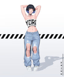 Rule 34 | 1girl, alternate costume, armpits, arms behind head, artist name, blunt bangs, braid, breasts, colored tips, crossed bangs, denim, full body, genshin impact, green eyes, highres, jeans, lips, looking at viewer, midriff, multicolored hair, pants, pendant choker, purple hair, shoes, short hair, small breasts, sneakers, solo, standing, torn clothes, torn jeans, torn pants, white background, yajuu (tristan maska), yelan (genshin impact)
