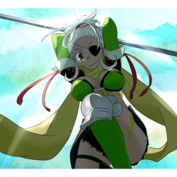 Rule 34 | 1girl, armor, boots, breasts, cleavage, elbow gloves, eyepatch, gloves, grey hair, lowres, midriff, ponytail, qq selesneva, scarf, shorts, smile, tales of (series), tales of innocence, tattoo, yellow eyes