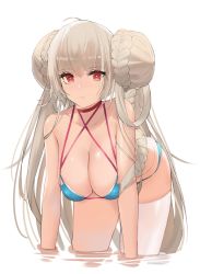 Rule 34 | 1girl, ahoge, azur lane, bare shoulders, bent over, bikini, blue bikini, blush, braid, breasts, brown hair, cleavage, closed mouth, collarbone, commentary request, criss-cross halter, double bun, formidable (the lady of the beach) (azur lane), hair bun, hair rings, halterneck, hanging breasts, highres, j@ck, large breasts, long hair, looking at viewer, red eyes, simple background, single thighhigh, swimsuit, thighhighs, very long hair, water, white background, white thighhighs