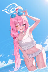 Rule 34 | 1girl, absurdres, ahoge, bare arms, bare legs, bare shoulders, bikini, blue archive, blue eyes, blush, cowboy shot, day, eyewear on head, fang, frilled bikini, frills, gluteal fold, hair between eyes, halo, heterochromia, highres, hoshino (blue archive), hoshino (swimsuit) (blue archive), iamahri1994, long hair, looking at viewer, official alternate costume, open mouth, outdoors, pink hair, skin fang, smile, solo, swimsuit, water, wet, white bikini, yellow eyes