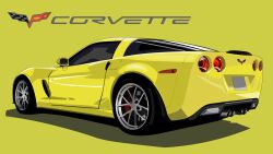 Rule 34 | car, chevrolet, chevrolet corvette, chevrolet corvette c6, highres, kaiware, motor vehicle, no humans, original, shadow, simple background, sports car, vehicle focus, vehicle name, yellow background