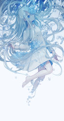 Rule 34 | 1girl, absurdly long hair, absurdres, bare legs, barefoot, blue eyes, blue flower, blue hair, blue theme, buttons, commentary, dissolving, dress, expressionless, floating hair, flower, flower in eye, gradient background, grey background, highres, light blue hair, long hair, long sleeves, looking at viewer, miike (992058), muted color, original, simple background, solo, symbol in eye, very long hair, water, water drop, white dress, white flower