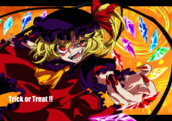Rule 34 | 1girl, adapted costume, ascot, commentary request, crazy eyes, crystal, english text, fangs, fingernails, flandre scarlet, frilled shirt collar, frilled sleeves, frills, halloween, hat, hat ribbon, karasaki, laevatein (touhou), letterboxed, lower teeth only, mob cap, multicolored wings, nail polish, open mouth, orange background, puffy short sleeves, puffy sleeves, red eyes, red nails, red ribbon, ribbon, sharp fingernails, sharp teeth, short hair with long locks, short sleeves, side ponytail, slit pupils, solo, teeth, touhou, uneven eyes, upper body, wings, wrist cuffs, yellow ascot, yellow eyes