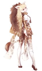 Rule 34 | 10s, 1girl, animal ear fluff, animal ears, animal print, black necktie, blonde hair, blunt bangs, boots, brown hair, eyebrows, from behind, full body, giraffe ears, giraffe horns, giraffe print, giraffe tail, high-waist skirt, horns, ise (0425), kemono friends, knee boots, legs apart, long hair, looking at viewer, looking back, multicolored hair, necktie, pantyhose, ponytail, print pantyhose, print scarf, print skirt, print sleeves, reticulated giraffe (kemono friends), scarf, shirt, simple background, skirt, solo, standing, tail, very long hair, white background, white footwear, white shirt