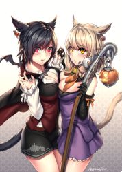 Rule 34 | 10s, 2girls, :d, animal ears, aruma jiki, bat (animal), black cloak, black gloves, black hair, black shorts, blonde hair, blush, bow, breast press, breasts, cat ears, cat tail, claw pose, cleavage, cloak, collarbone, commentary request, cowboy shot, dress, earrings, elbow gloves, eyebrows, eyes visible through hair, facial mark, fangs, final fantasy, final fantasy xiv, flying, from side, gloves, halloween costume, heart, heart earrings, holding, holding hands, holding staff, interlocked fingers, jewelry, long hair, long sleeves, looking at viewer, medium breasts, miqo&#039;te, multiple girls, neckerchief, open mouth, orange bow, pumpkin, purple dress, red eyes, shorts, smile, staff, standing, strapless, strapless dress, symmetrical docking, tail, twitter username, vest, w arms, warrior of light (ff14), yellow eyes