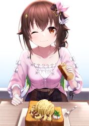 Rule 34 | 1girl, belt buckle, bread, bread slice, brown eyes, brown hair, buckle, cake, caramel, commentary request, dress, faubynet, food, hair between eyes, hair flaps, hair ornament, hair ribbon, hand on table, highres, hololive, indoors, knife, looking at viewer, medium hair, official alternate costume, official alternate hairstyle, one eye closed, plate, revision, ribbon, side ponytail, sitting, solo, spoon, star (symbol), star hair ornament, table, tokino sora, tokino sora (casual), virtual youtuber, wavy hair