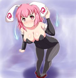 Rule 34 | 1girl, animal costume, animal ears, bare shoulders, bent over, blush, breasts, cleavage, detached sleeves, dress, female focus, ghost, gradient background, large breasts, legs, leotard, moisture (chichi), pantyhose, pink eyes, pink hair, playboy bunny, rabbit ears, rabbit tail, saigyouji yuyuko, shoes, short hair, solo, standing, tail, touhou